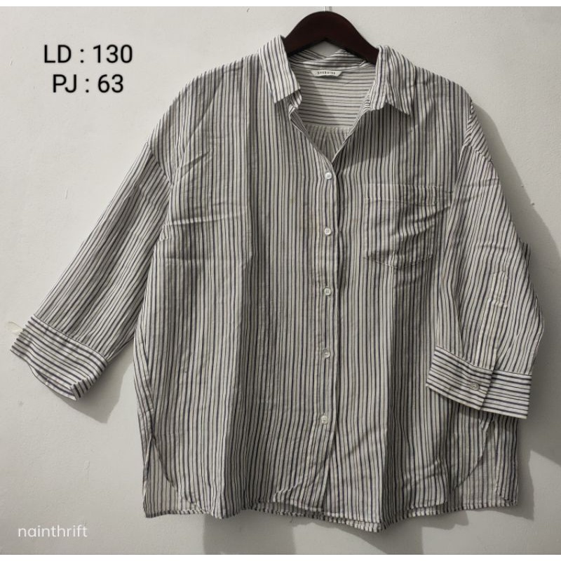 Kemeja salur Blouse salur bahan katun oversize wanita atasan busui wanita