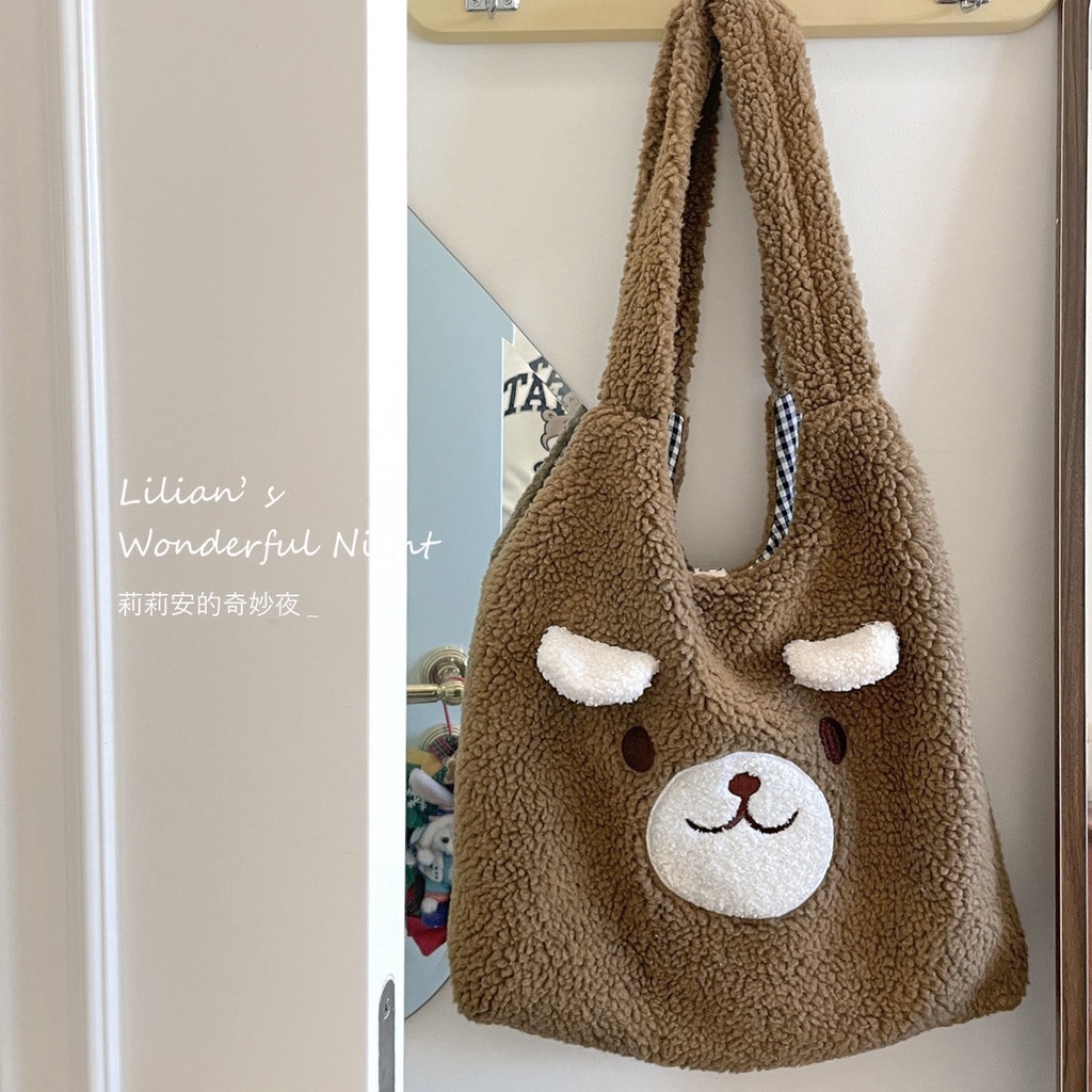 ∋►☸Sera  Lilian Smiley Big Bear Plush Bag Women s Advanced Sense Tas Bahu Lucu Nyaman Berkapasitas Besar untuk Siswa di Kelas