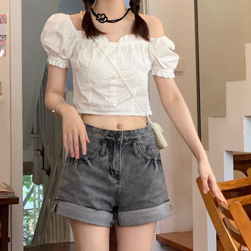 Red French retro puff sleeves elegant style short first love square collar single-breasted doll shirt slim top shirt popular