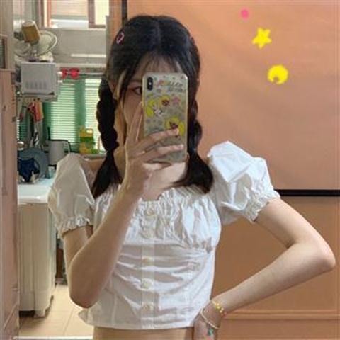 Red French retro puff sleeves elegant style short first love square collar single-breasted doll shirt slim top shirt popular