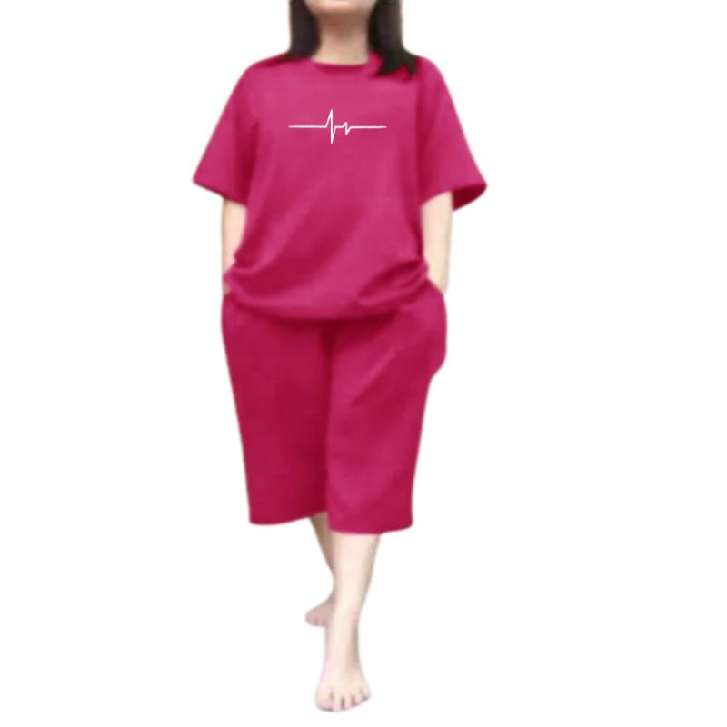 Setelan Kaos Wanita Celana Pendek 3/4 Terbaru 2023 One Set Wanita Dewasa Kekinian Viral Jantung