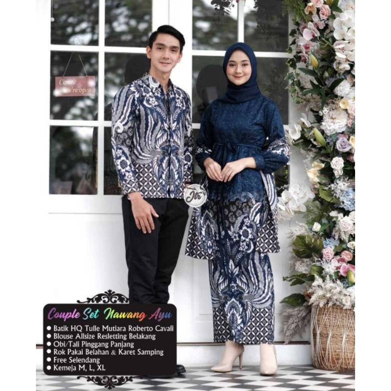 BAJU BATIK COUPLE SET NAWANG AYU KEBAYA BROKAT TILLE BIRU DONGKER MIX ABU MODERN LAMARAN WISUDA TUNA