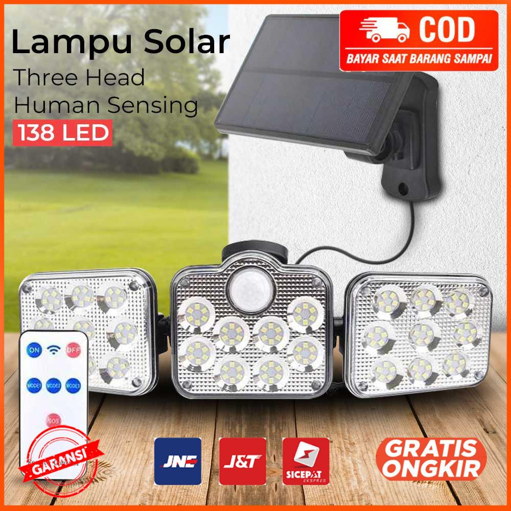 Lampu Dinding Solar Double Sensor Three Head 138 LED Cool White JD-2858A