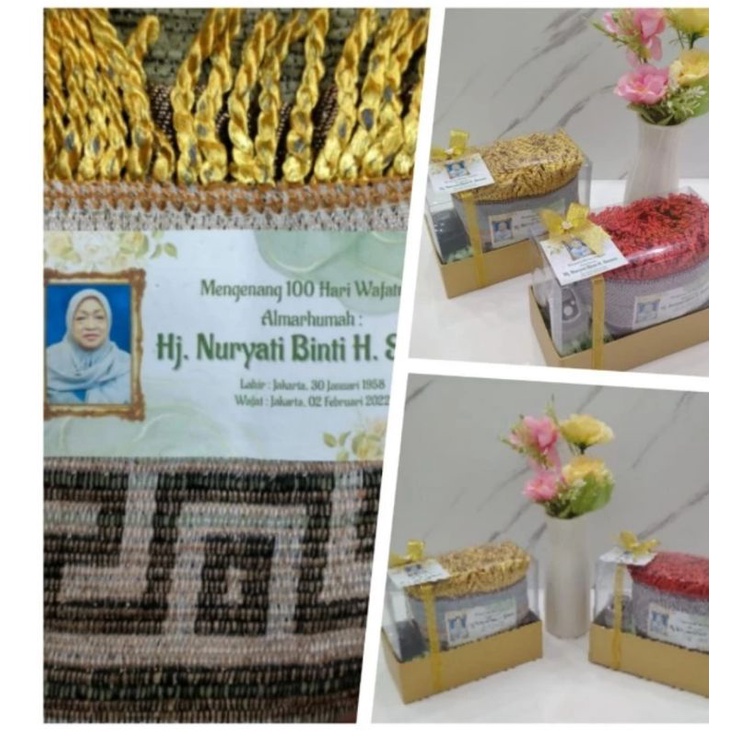 souvenir mengenang 40 hari/100 hari wafat/sajadah sablon-tasbih/hampers pengajian tahlil/khitanan/so