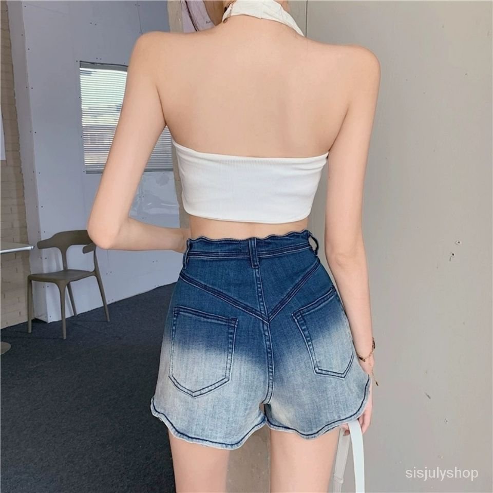 [✅BISA COD] #Sisjuly# Celana pendek denim wanita / celana pendek denim kaki lebar warna gradien baru