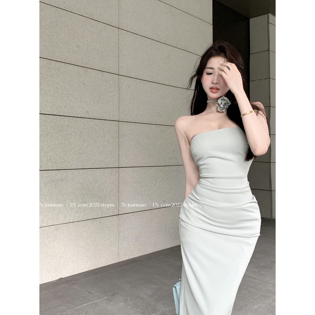 ✼◑✑Spice girl one shoulder tube top dress wanita musim panas rok ibu rok rose bunga celah pinggang mid panjang rok