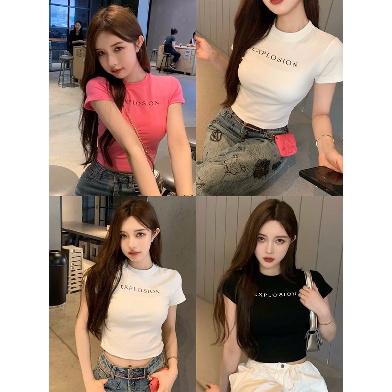 ✾✕#COD Suhao Hot Girl Putih Lengan Pendek T-shirt Wanita Musim Panas 2023 Baru Kecil Slim Fit Ketat Pinggang Tinggi Dipotong pusar Top