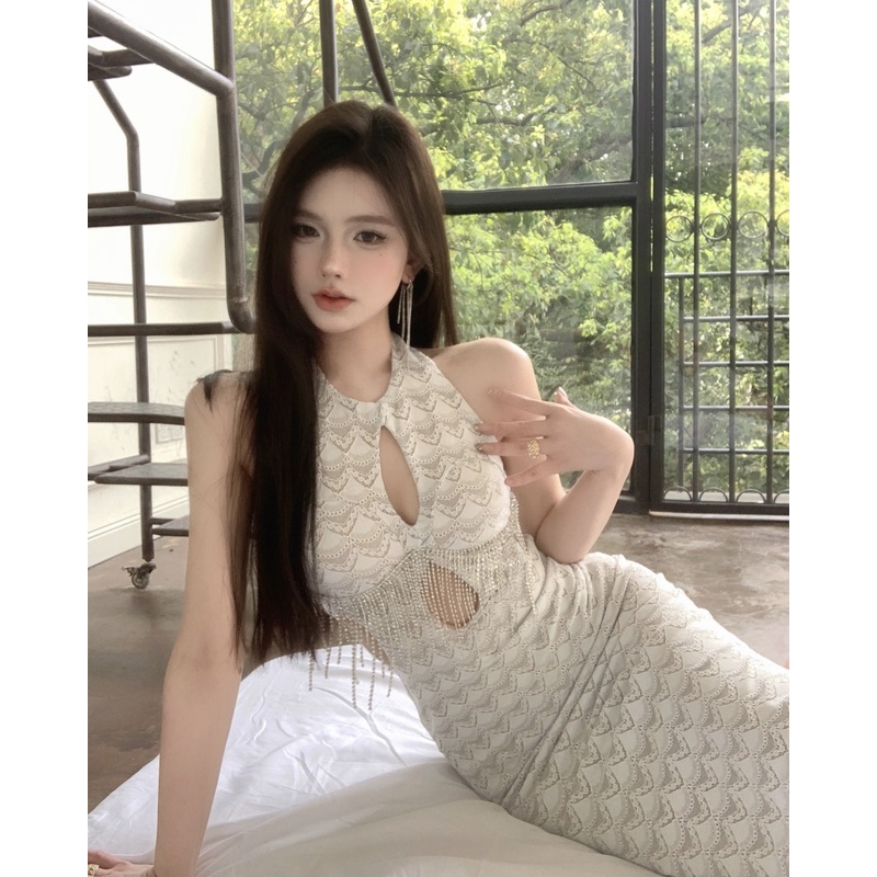 □ↂPutih industri berat rumbai halter leher gaun musim panas hot gadis seksi tas pinggul mid-panjang rok berongga desain rok