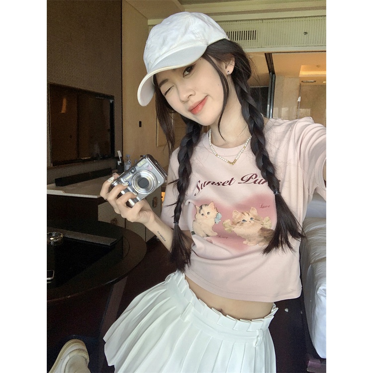 ☬▬✔#COD Suhao Hot Girl Cat Print Lengan Pendek T-shirt Wanita Musim Panas 2023 Baru Murni Keinginan Tinggi Pinggang Slim Kecil atasan Pendek