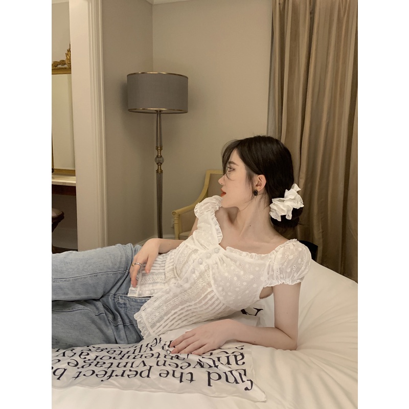 ℗△✠#COD Suhao manis hot gadis renda renda lengan pendek T-shirt wanita musim panas keinginan murni angin tulang selangka one-shoulder seksi slim-fit top