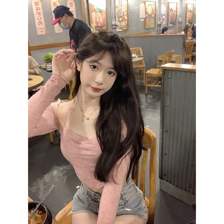 ☫﹉#COD Suhao Pure Desire Angin Rompi T-shirt Wanita Musim Panas Merah Muda Manis Gadis Panas Bagian Tipis Tabir Surya Lengan Panjang dan Set Dua Potong Atasan Pendek