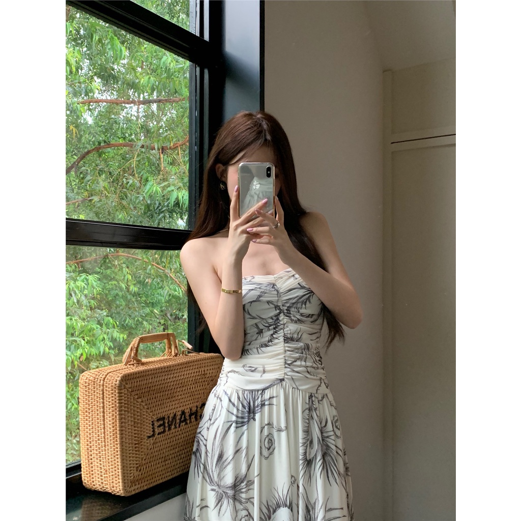 ☍△☇#COD Suhao French print one-shoulder halter neck dress women s summer new tea break skirt skirt high-level sense waist long skirt
