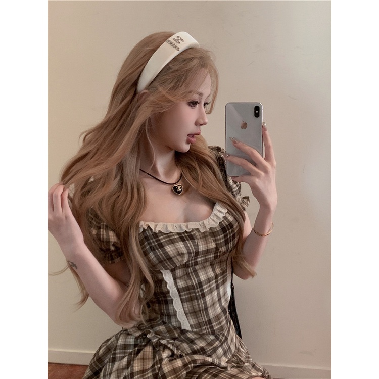 ♚❁#COD Suhao Sweet Retro Plaid Suit Temperamen Kemeja Lengan Pendek Wanita Rok Musim Panas Ruffled Fluffy Set Dua Potong