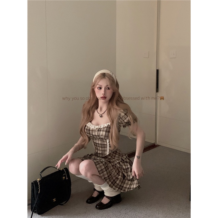 ♚❁#COD Suhao Sweet Retro Plaid Suit Temperamen Kemeja Lengan Pendek Wanita Rok Musim Panas Ruffled Fluffy Set Dua Potong