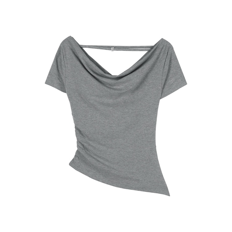 ♧#COD Suhao Pure Desired Wind One-Shoulder Lengan Pendek T-shirt Wanita Musim Panas Hot Gadis Off-Shoulder Belahan Tidak Teratur Pinggang Ketat Tipis Top