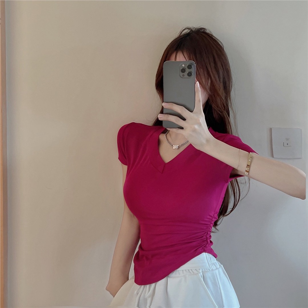 ☊#COD Suhao hot girl V-neck lengan pendek T-shirt wanita musim panas 2023 baru gaya keinginan murni seksi hem tidak beraturan slim fit dan top tipis