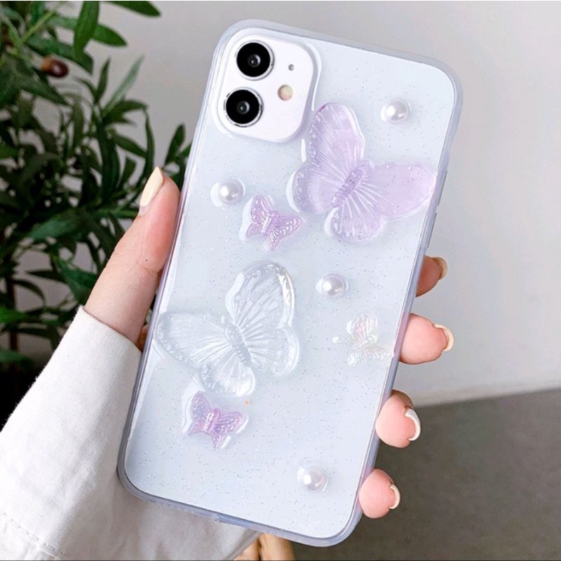 3D Phone Case Pearl Butterfly Glitter Purple Kupu-Kupu Ungu Cute Case for Iphone