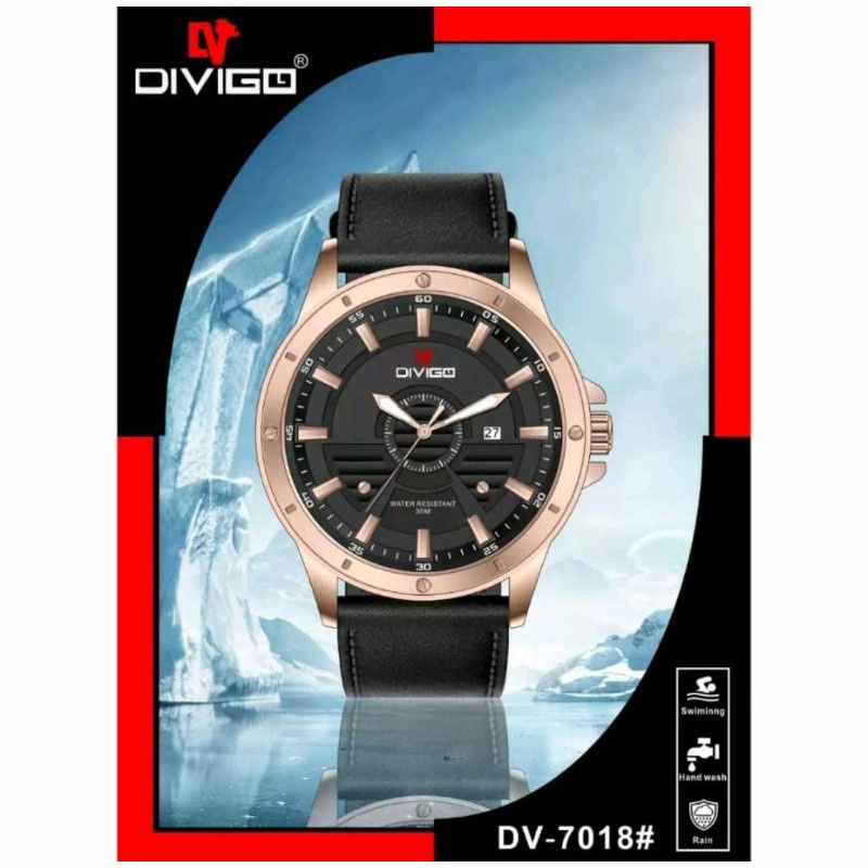 Jam Tangan Dv 7018 Original Divigo Watch's Kulit Leather Pria Tanggal Aktif