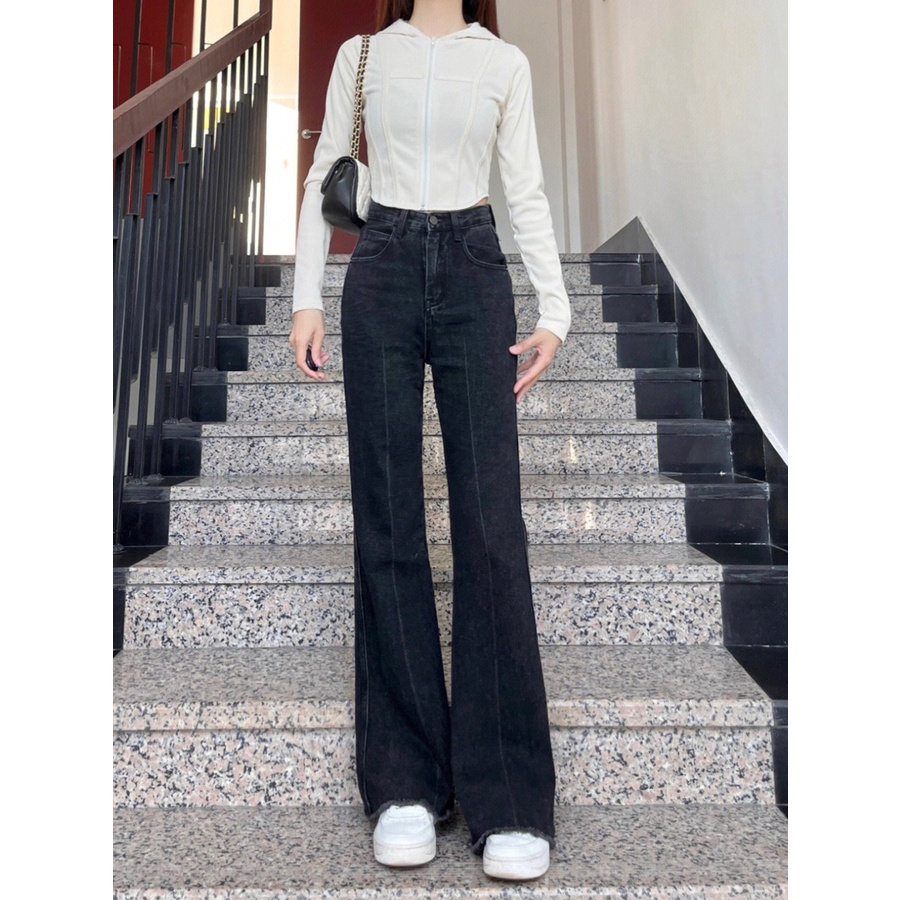 Celana Cutbray Jeans Wanita Rawis Highwaist Kelabu hitam Import