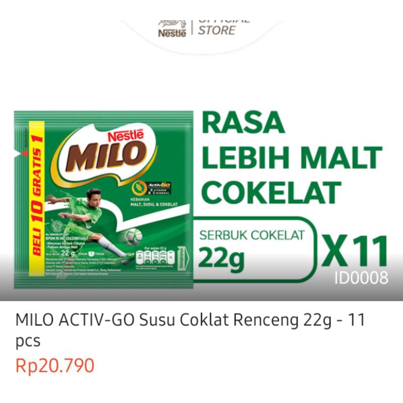 

Milo activ-go susu coklat renceng 22g×11pcs