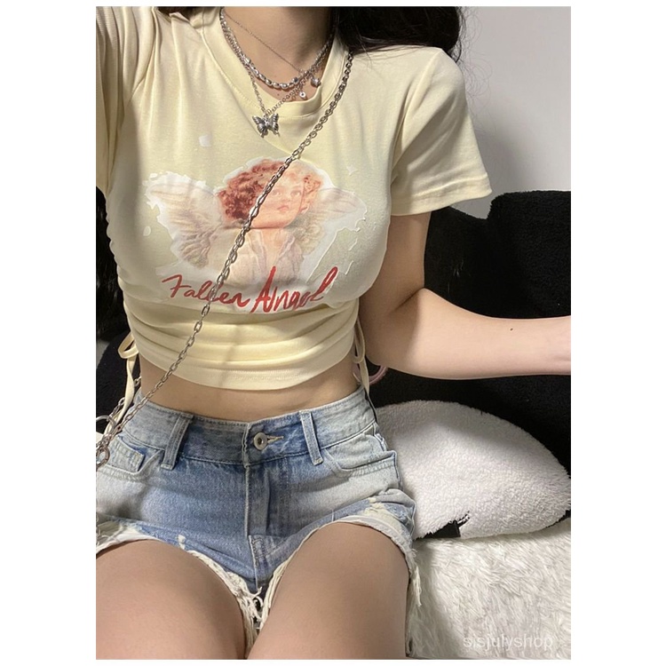 [✅BISA COD] #Sisjuly# Atasan Y2K wanita / kaos lengan pendek leher bulat dasi serut motif kerub / at