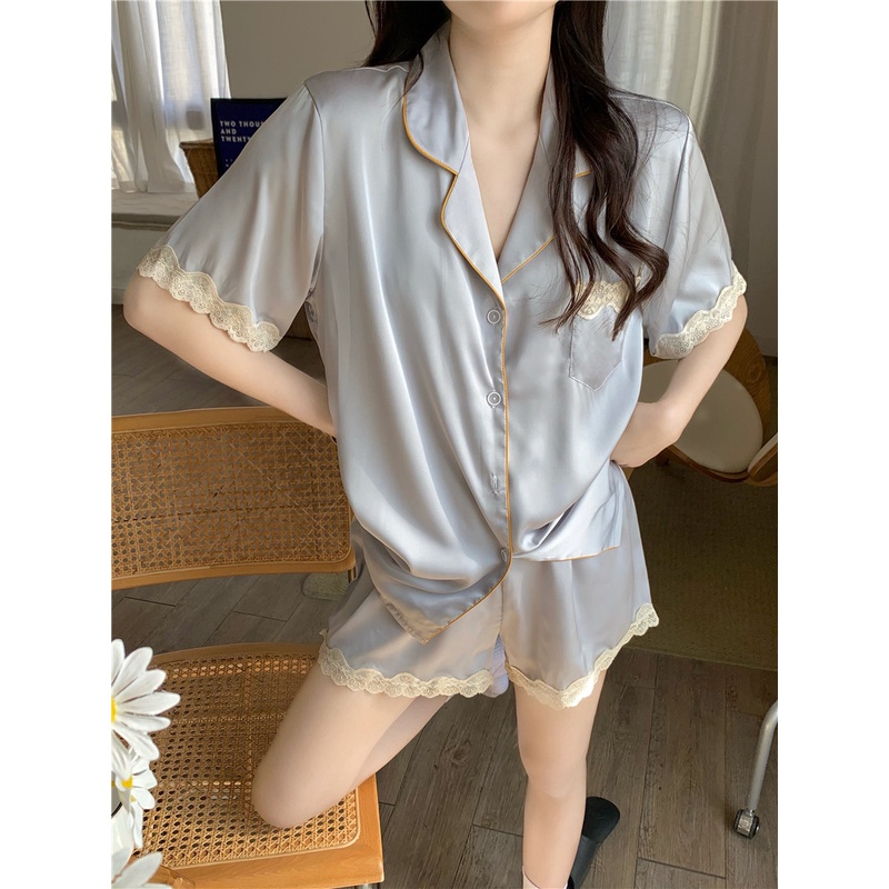 ✣❒stelan baju tidur wanita pajamas women s summer ice silk short-sleeved new ins high-end pure color lace edge girl thin home clothes set #COD baju tidur wanita bahan kaos