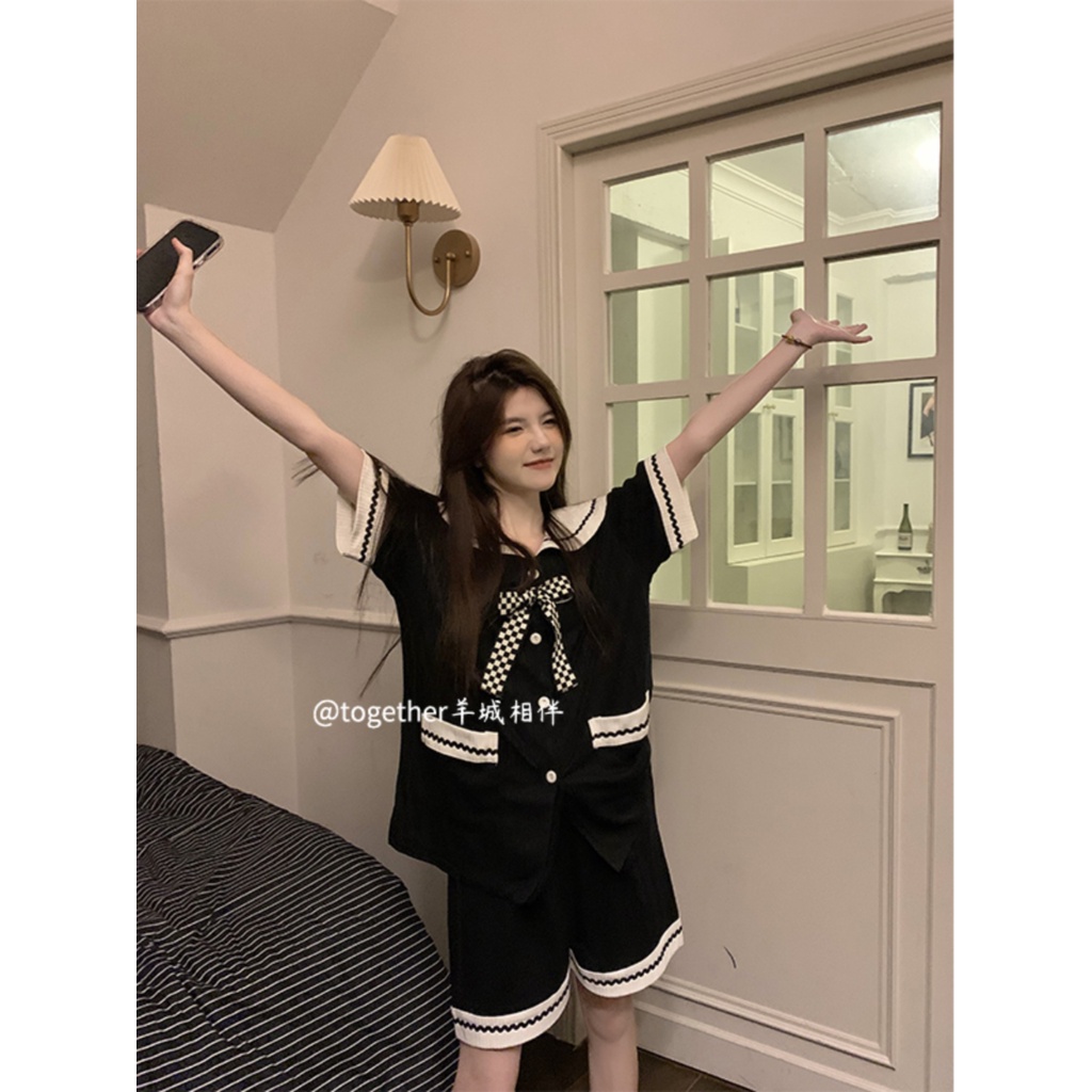 ☂ஐ✆stelan baju tidur wanita Korean small fragrance wind pajamas summer girls new doll collar bow pocket short sleeve cotton home service set #COD baju tidur wanita bahan kaos