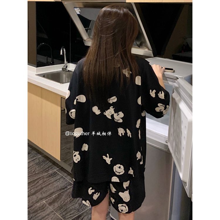 ▤stelan baju tidur wanita ins wind Korean Disney black Mickey pajamas female summer cotton cute short-sleeve thin section home service set #COD baju tidur wanita bahan kaos