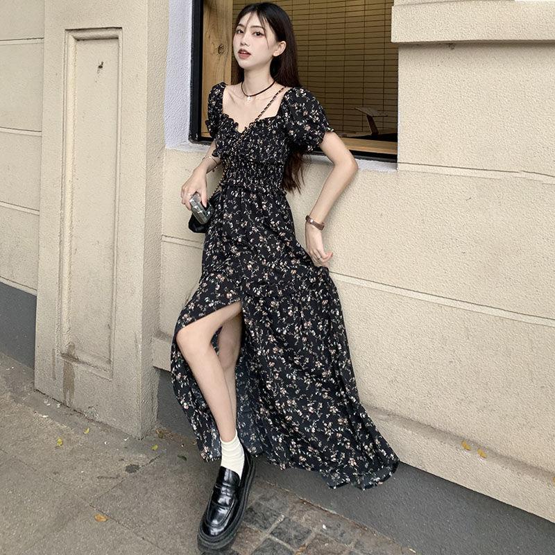 dress floral korea Gaun Lengan Pendek Wanita, Baju Kerah Persegi Gaya Perancis Motif Bunga Musim Pan