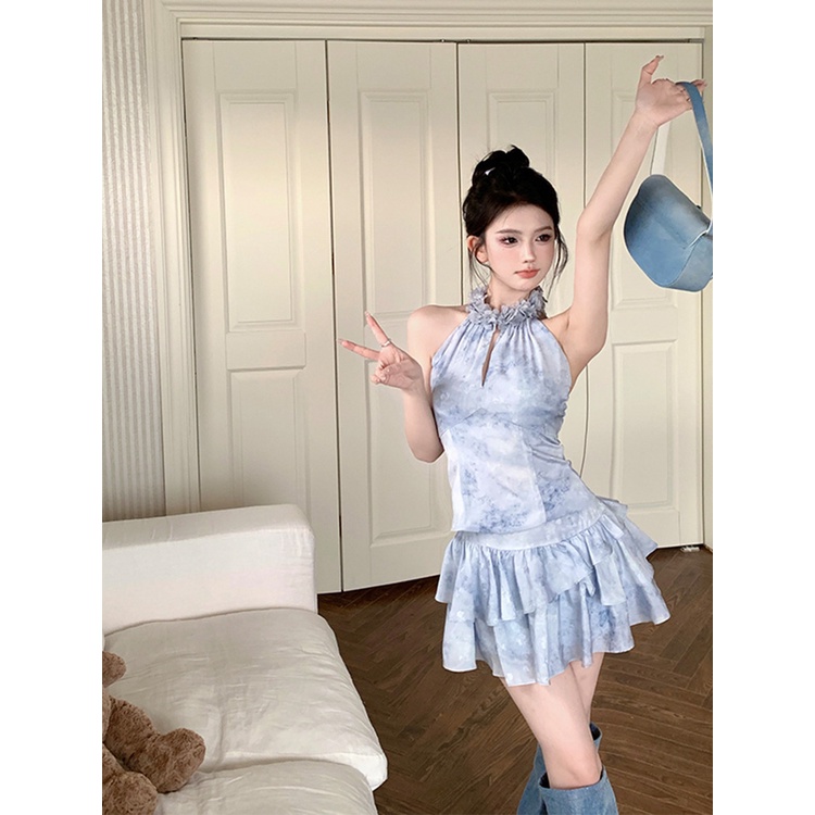 ☞▦✥Suhao Baru Gaya Cina Pakaian Seksi Halter Leher Biru Kamisol Top Wanita Musim Panas Rok Rok Pendek Rok Dua Potong set Tanaman Top Sexy Tank Top Wanita Motif