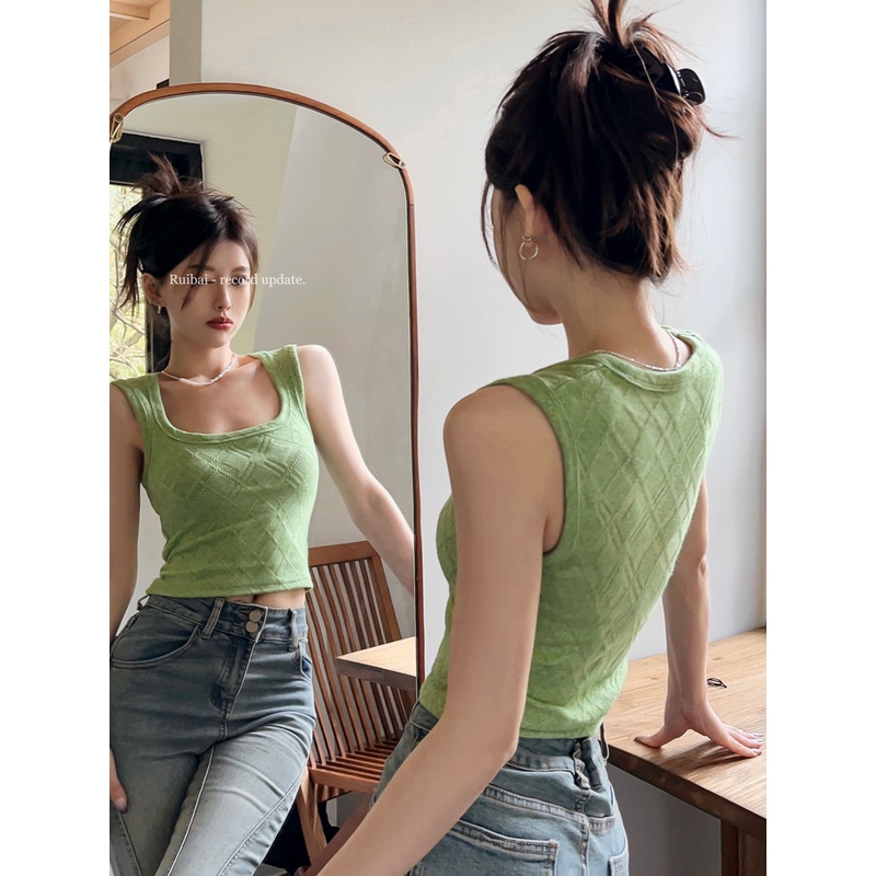 ▥☜Suhao Sweet Spice Girls Rajut Kamisol Wanita Musim Panas Leher Persegi Slim Pendek Seksi Racerback Tanpa Lengan Atasan Dalam Pakaian Luar Crop Top Sexy Tank Top Wanita Motif