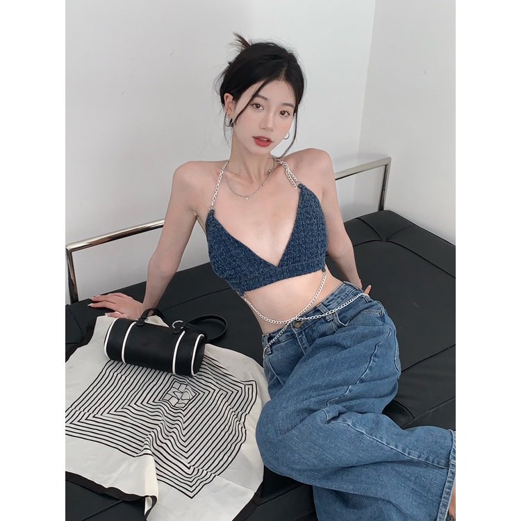 ﹉▦Suhao Sweet Spice Girls Rantai Kamisol Kecil Wanita Musim Panas Pendek Leher V Seksi Chic Bagian Dalam Bawah Kemeja Top Pakaian Luar Crop Top Seksi tank Top Wanita Motif