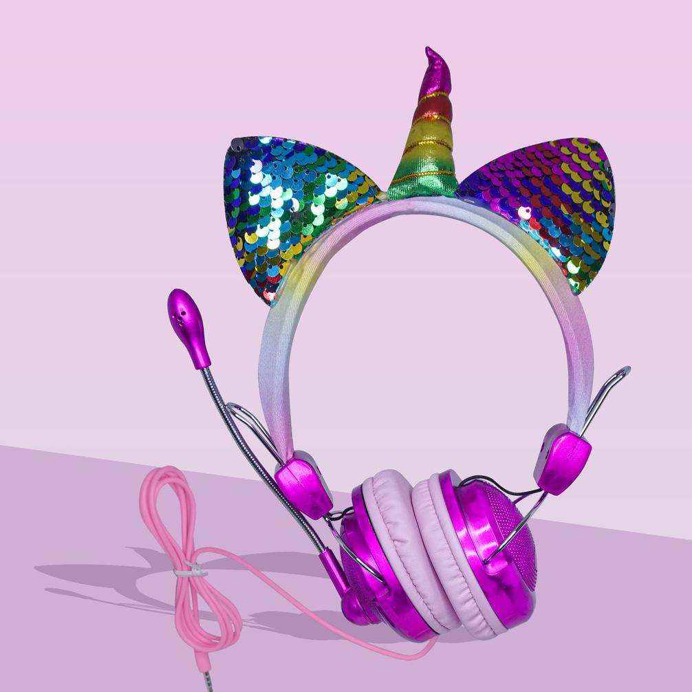 New Headphone Unicorn + Mic For Komputer Telepon Headphone Anak Lucu Gadis Putri 