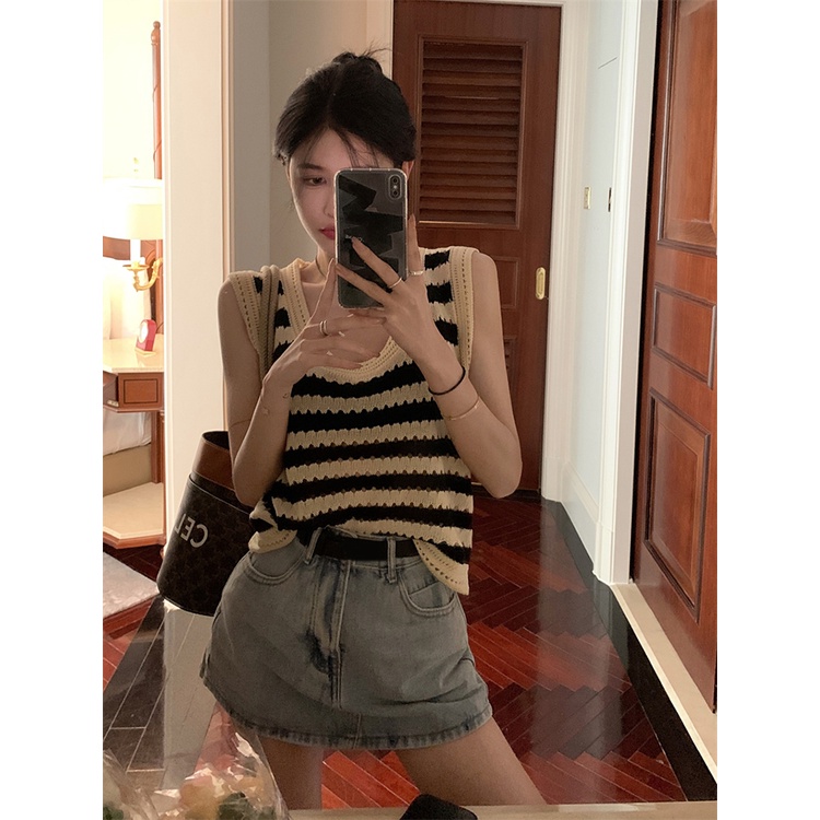 ☃✽♕Suhao manis hot gadis chic bergaris rajutan kamisol wanita musim panas longgar rasa desain niche hollow-out top crop top sexy tank top wanita motif