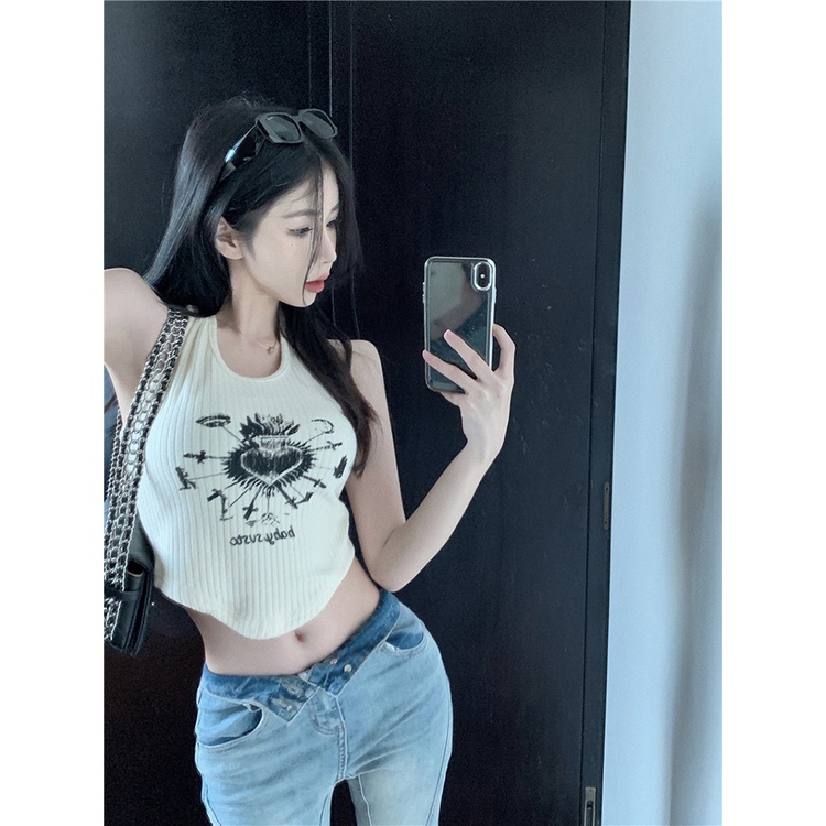 ☾▲❐Suhao Babes Dicetak Halter Leher Gaun Wanita Musim Panas 2023 Baru Keinginan Murni Rok Halter Pinggang Belakang Slim Paket Hip Rok crop Top Sexy Tank Top Wanita Motif