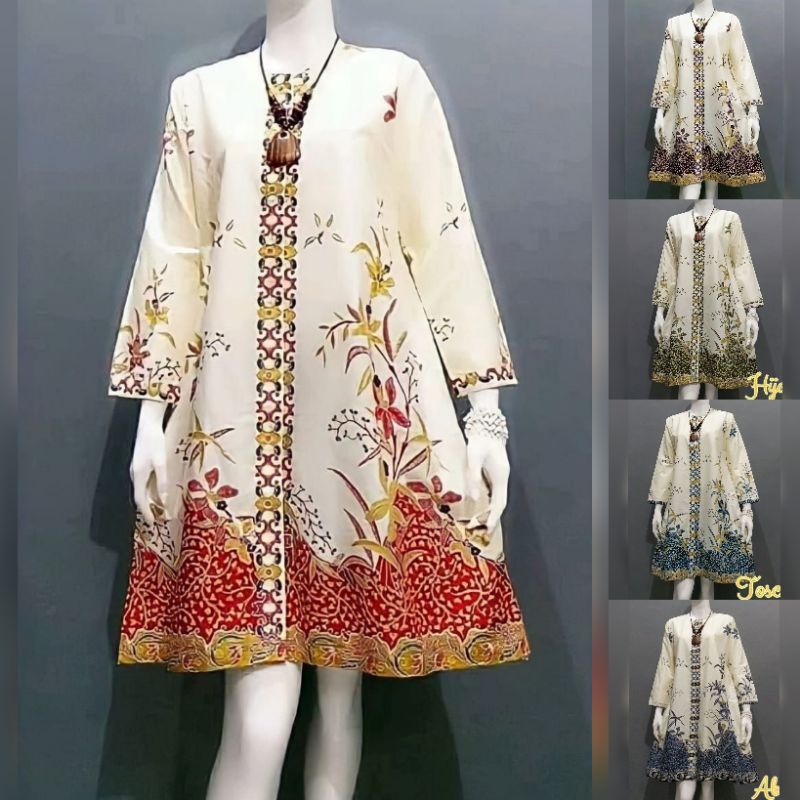 Original Aksara Batik - Dress Batik Wanita Modern Warna Putih Lengan Panjang Resleting depan busui f