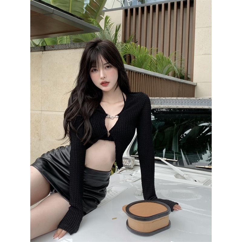 ❁▧♦Suhao Hot Girl Cardigan T-shirt Wanita Musim Semi Desain Rasa Niche 2023 Baru Hitam Tinggi Pinggang Slim Pendek Lengan Panjang Top crop Top Sexy Tank Top Wanita Motif