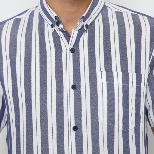 kemeja pria Platini Kemeja Garis Pria Lengan Pendek Katun Yarndyed 73323 Biru - L(S5N6) kemeja pria 