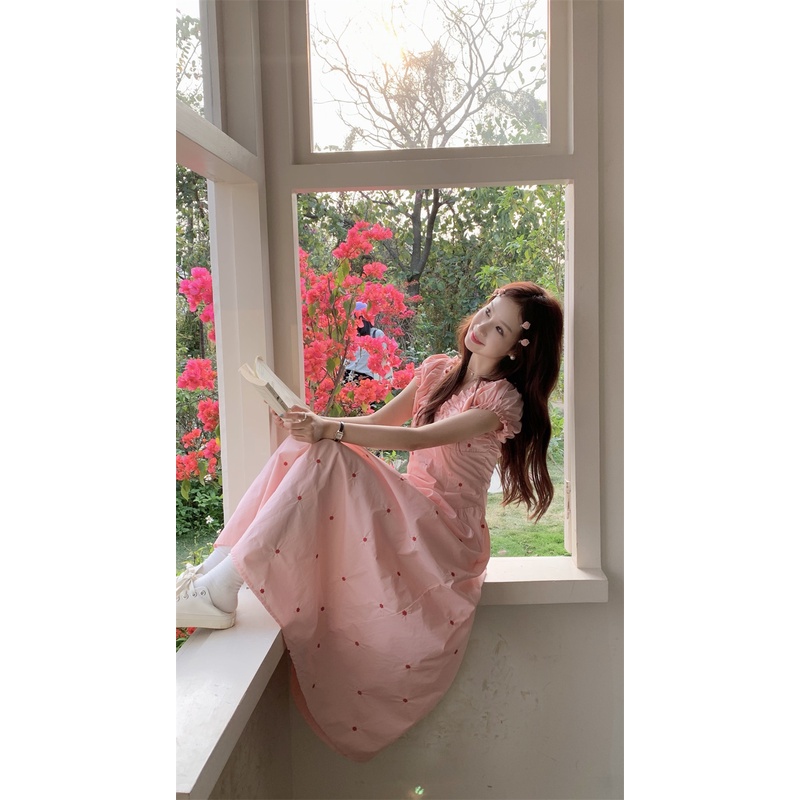 Red dreesTemperamen manis polka dot V-neck lengan pendek gaun wanita musim panas kayu sisi telinga pinggang A-line rok panjang sedang