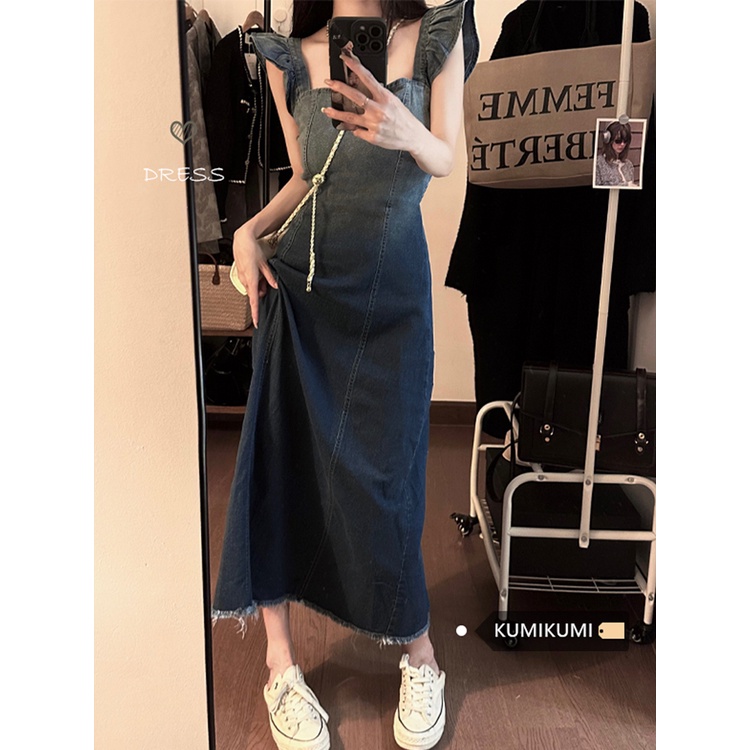 Red drees Fashion Gradien Rok Denim Kecil Terbang Lengan Suspender Gaun Wanita Musim Panas Bahasa Perancis Retro Celah Rok Panjang