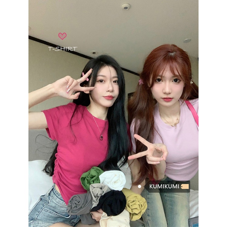 Red Gadis mewah mengenakan bahu depan T-shirt lengan pendek perempuan rasa desain niche lipit bottoming kemeja musim panas slim slim in top