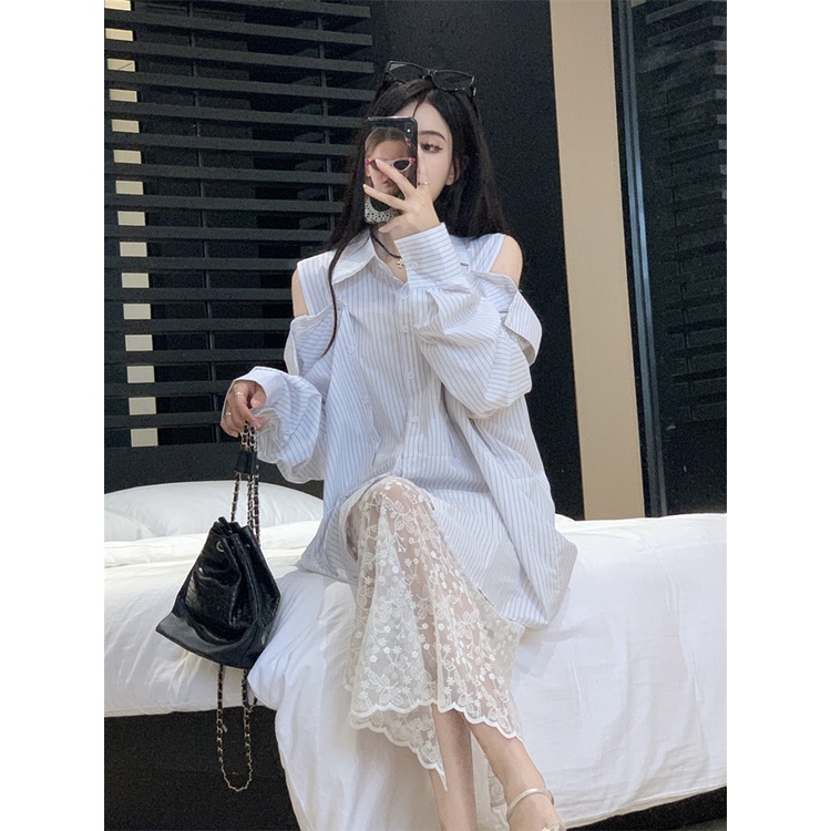 Red Fashion setelan kerah POLO bergaris tanpa tali lengan panjang kemeja wanita musim panas renda gaun dua potong set