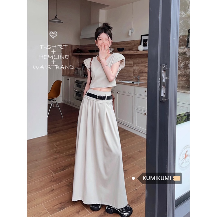 Red Temperamen setelan berkualitas tinggi hot girl pendek T-shirt top wanita musim panas rok pinggang tinggi rok panjang dua potong set