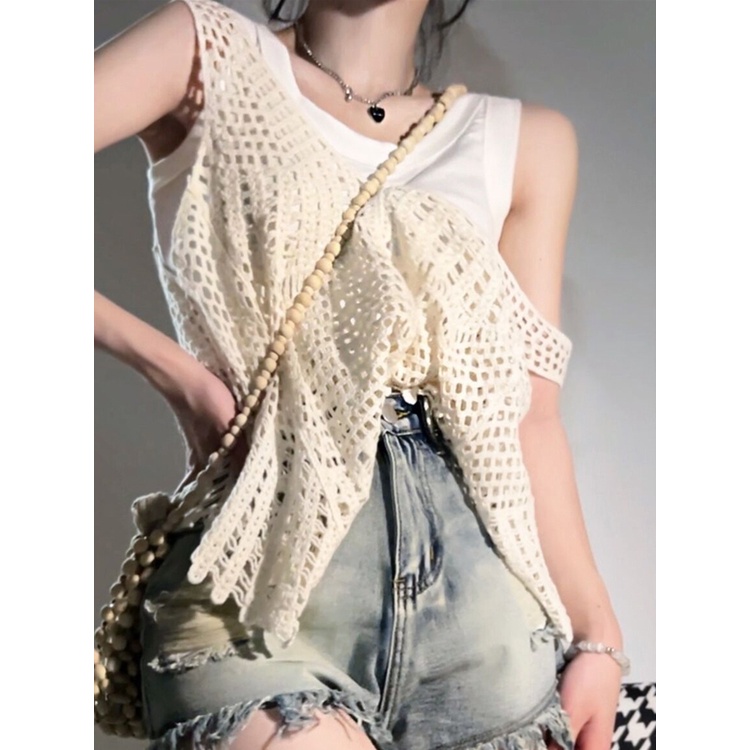 Red Retro Berongga Rajutan Rompi Perempuan Musim Panas Niche Desain Akal Di Luar Memakai Spice Girl Tanpa Lengan Rompi Pendek Top