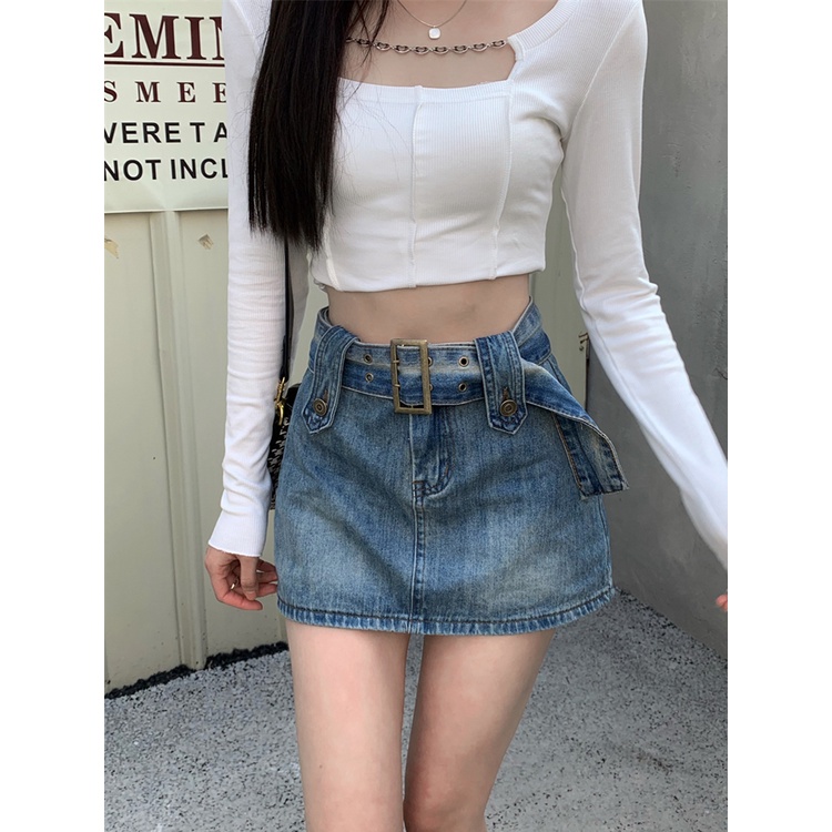 Red Spice Girl Pinggang Tinggi Rok Retro Denim Rok Musim Panas Tas Pinggul Rok Rok A-line Wanita Rok Desain Rasa Niche Rok