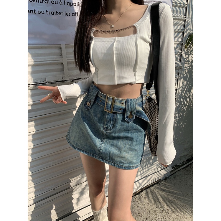 Red Spice Girl Pinggang Tinggi Rok Retro Denim Rok Musim Panas Tas Pinggul Rok Rok A-line Wanita Rok Desain Rasa Niche Rok