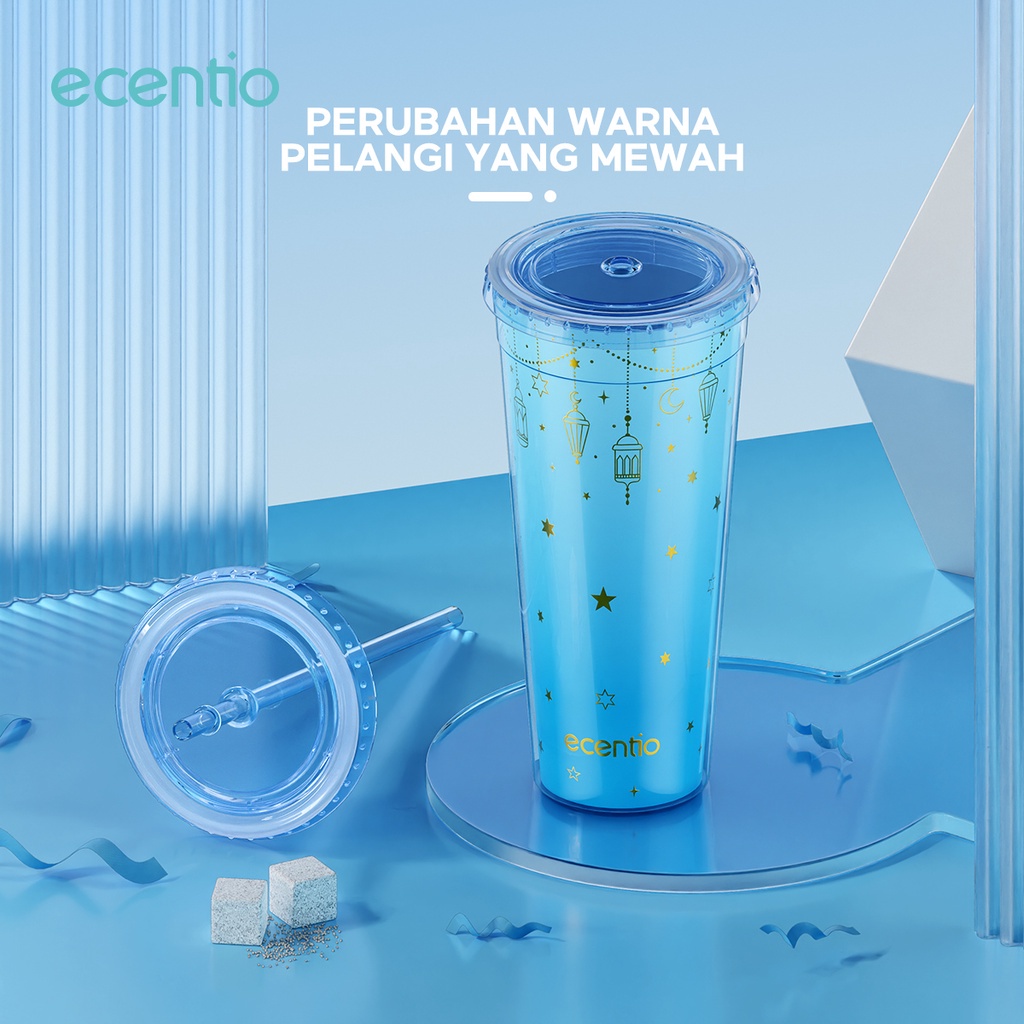 ecentio tumbler minum kopi sedotan 650ml hampers Serendipity seri Ramadhan ONLY/botol air minum/Berubah Biru