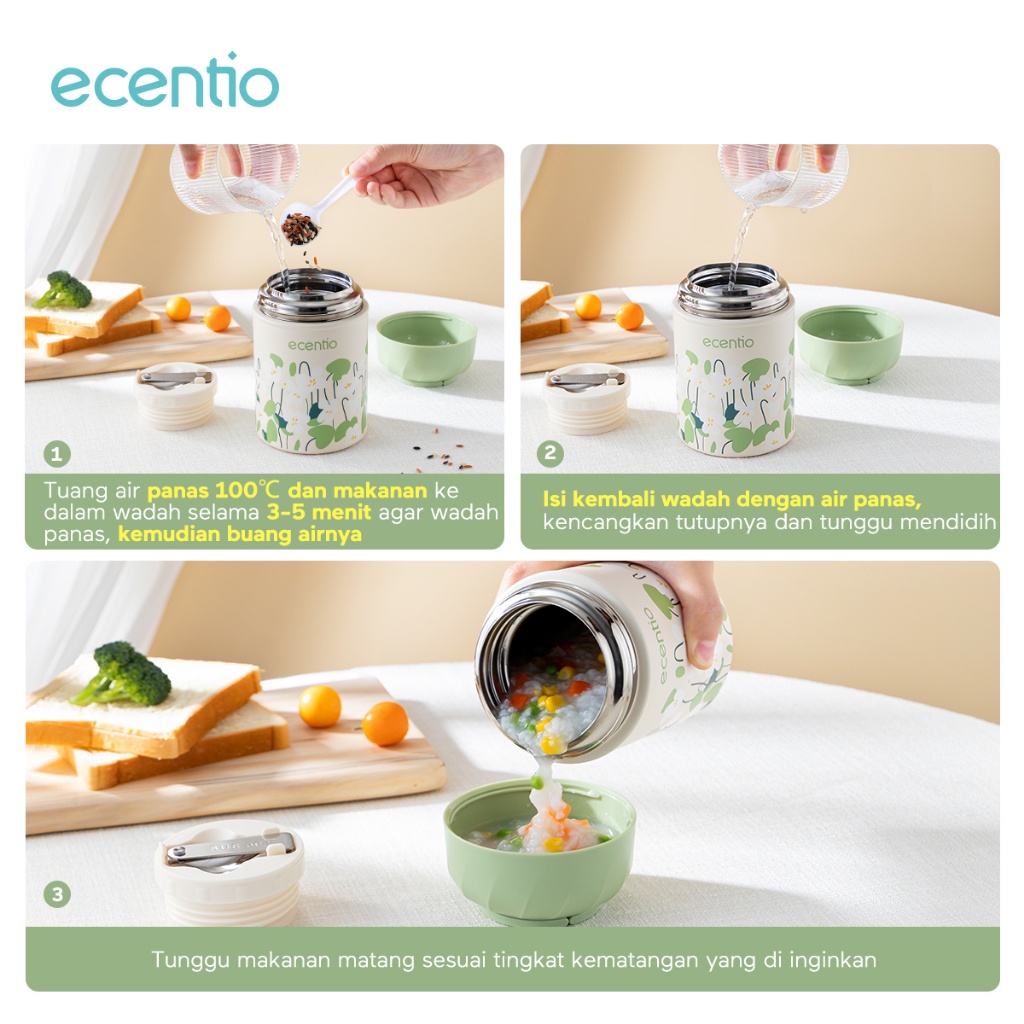 ecentio termos air panas anti tumpah portable TAHAN 24hrs 500ml food jar Termos Makanan dan Sendok lipat berbahan stainless Green Wispers seri