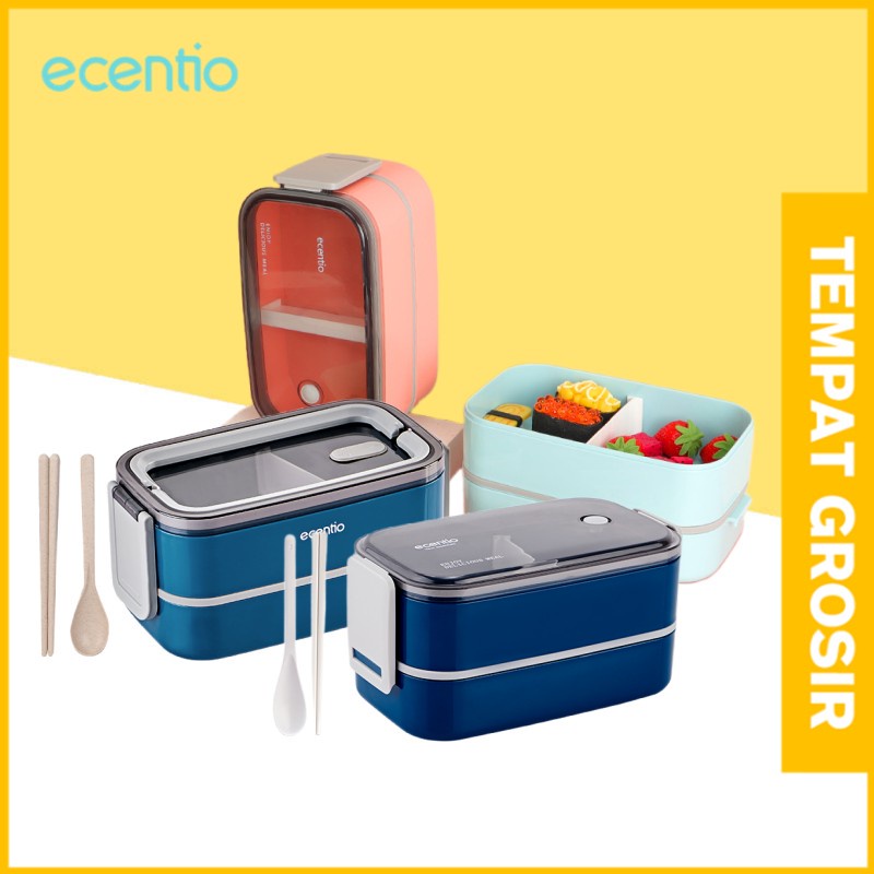 ecentio 2/3 susun kotak makan tempat makanan anti tumpah bento box tepak makan lunch box set free sendok