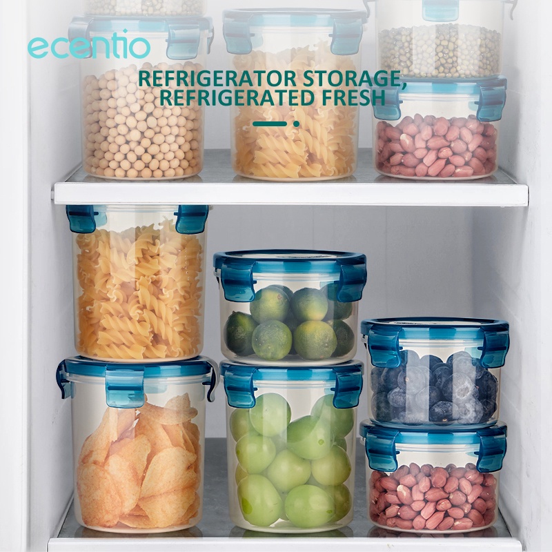 ecentio organizer box toples food container box 300/500ml 2pcs biru plastik Kulkas Refrigerator sealware Penyimpanan Makanan mpasi Bayi round transparent